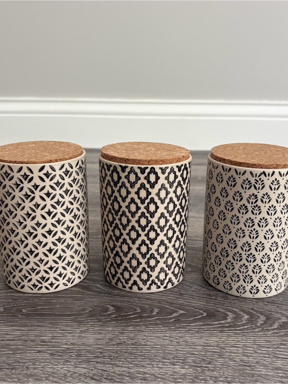 World Market Ceramic Canisters with Cork Lid Black & Cream Pattern Set of 3